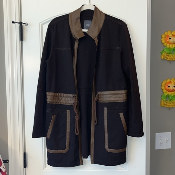 Dark brown stretchy open tan faux leather trim Lysse Margaret Parka jacket M - Picture 13 of 13